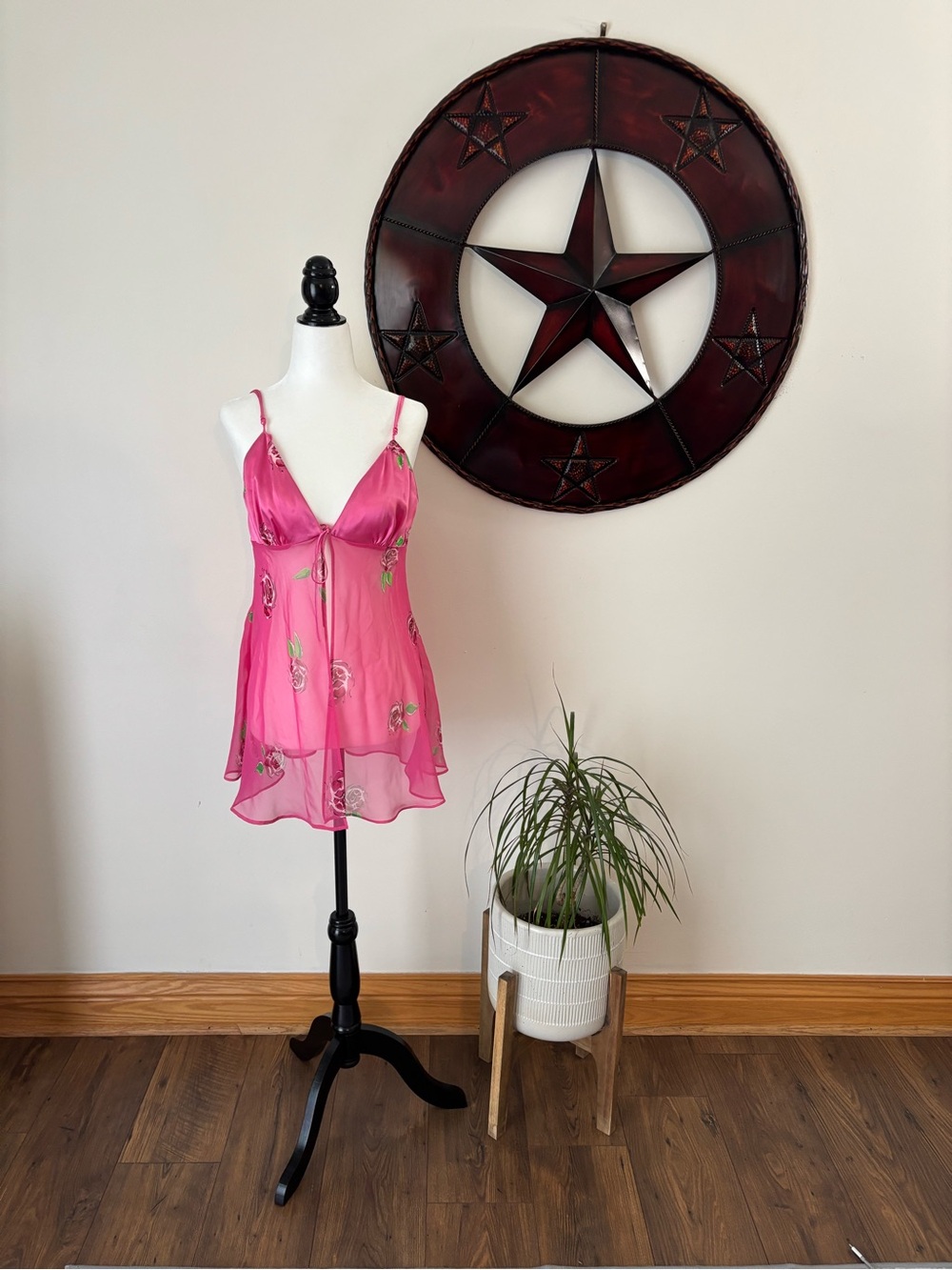 La Senza Y2K  Feminine Flowy Pink Sheer Floral Babydoll Lingerie Tie up Front XL